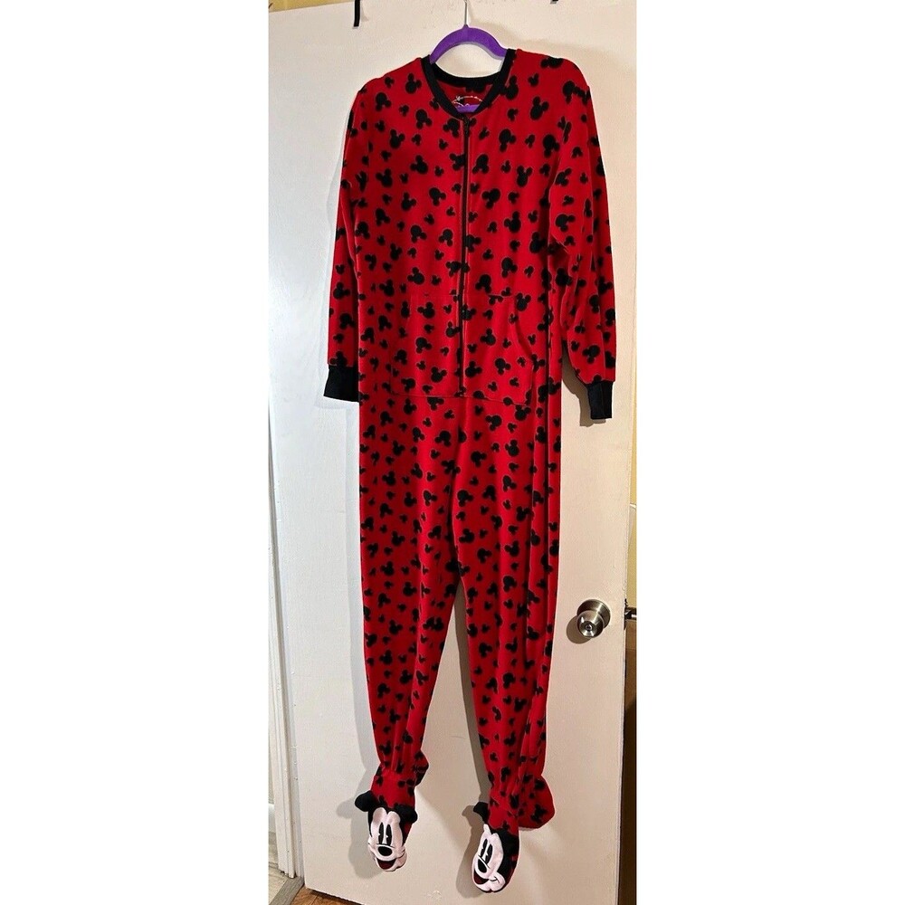 Disney Mickey Mouse Red/Black Zip Front Fleece One Piece M 8-10 Pockets